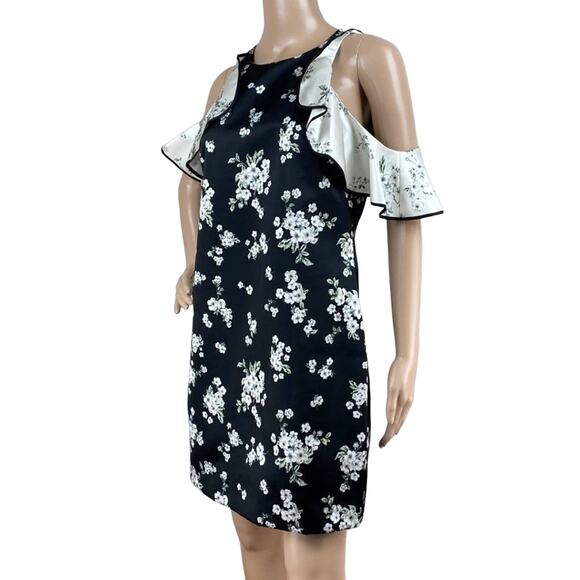 AMUR Jennifer Women Black White Floral Cold Shoulder Ruffle Sleeves Mini Dress 4 - Picture 4 of 9